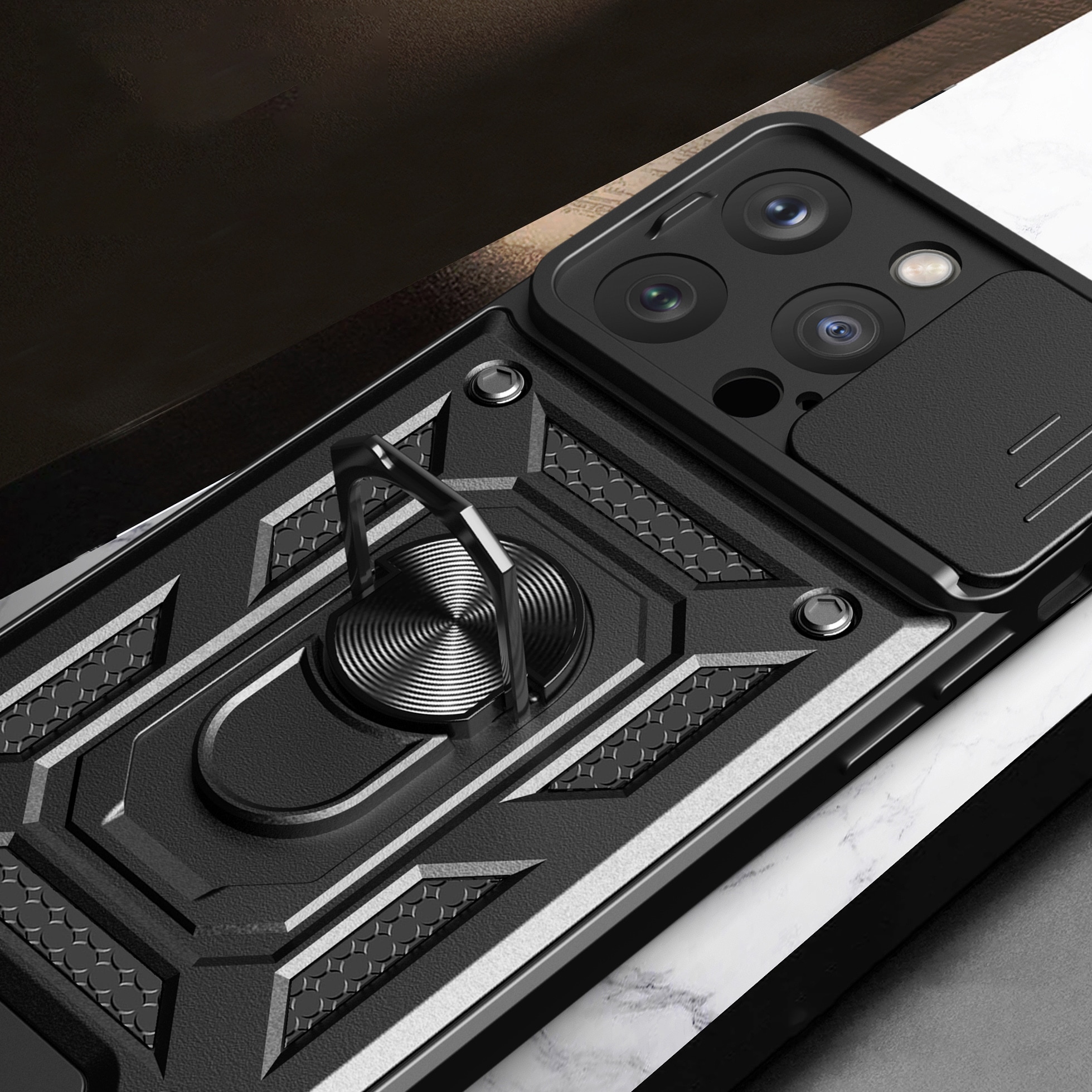 Hybrid Armor Camshield iPhone 15 Pro-etui med kickstand og kameradeksel - blå