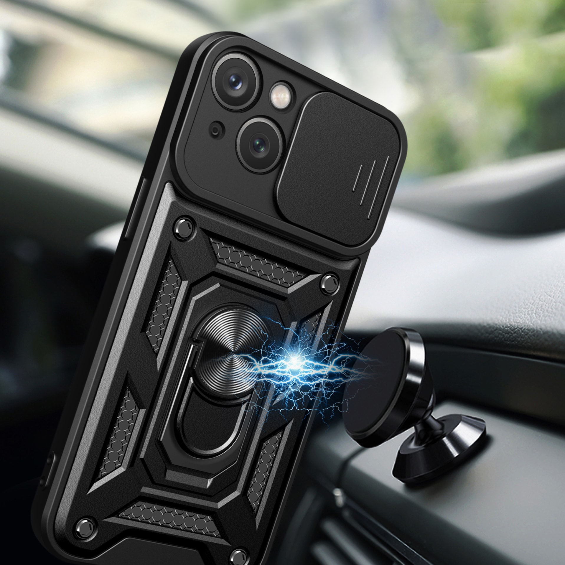 Hybrid Armor Camshield-etui med stativ og kameradeksel til iPhone 15 Plus - Rosa