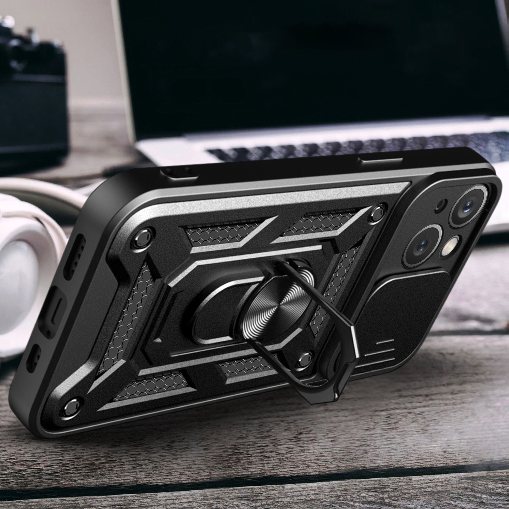 Hybrid Armor Camshield-etui med stativ og kameradeksel til iPhone 15 Plus - Rosa