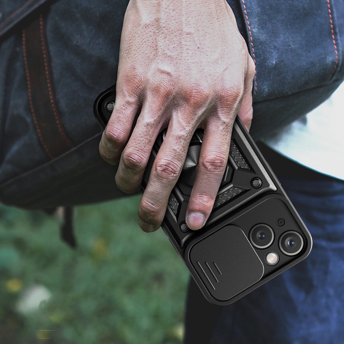 Hybrid Armor Camshield-etui med stativ og kameradeksel til iPhone 15 Plus - Rosa