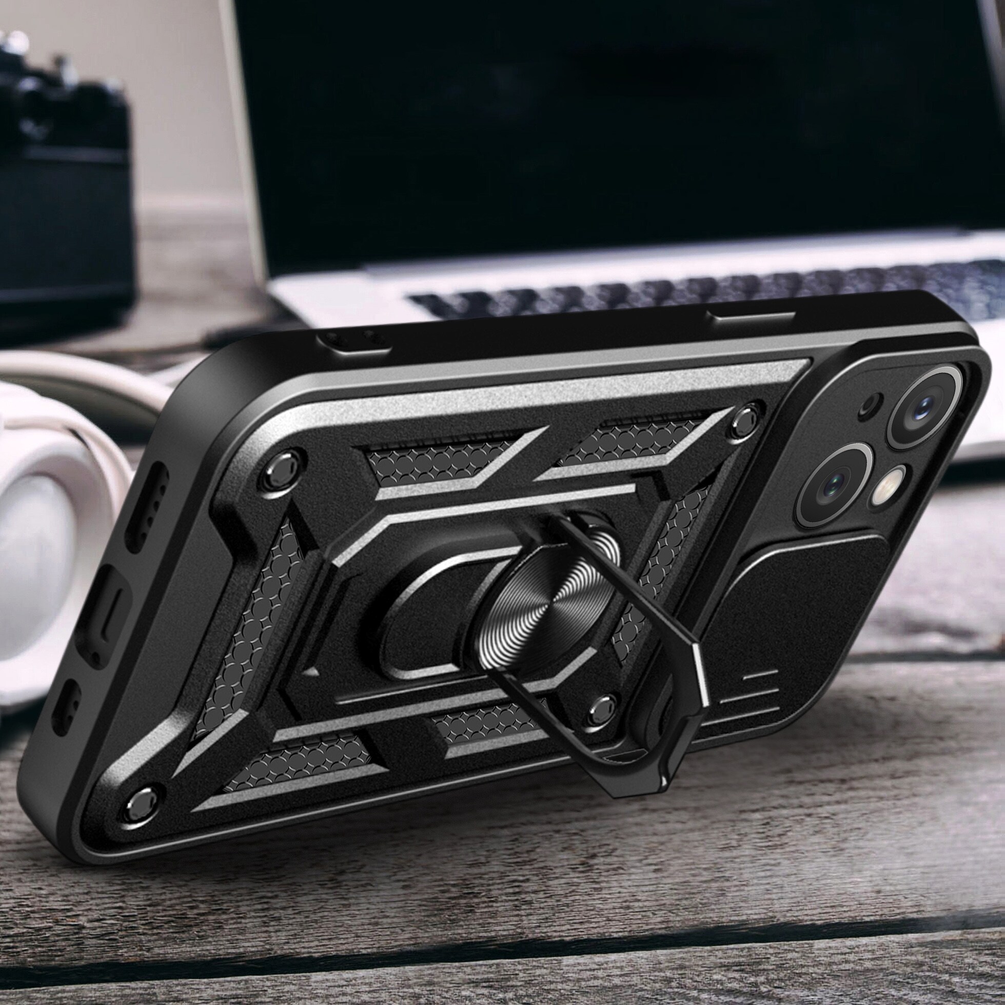 Hybrid Armor Camshield-etui med stativ og kameradeksel til iPhone 15 Plus - Blå
