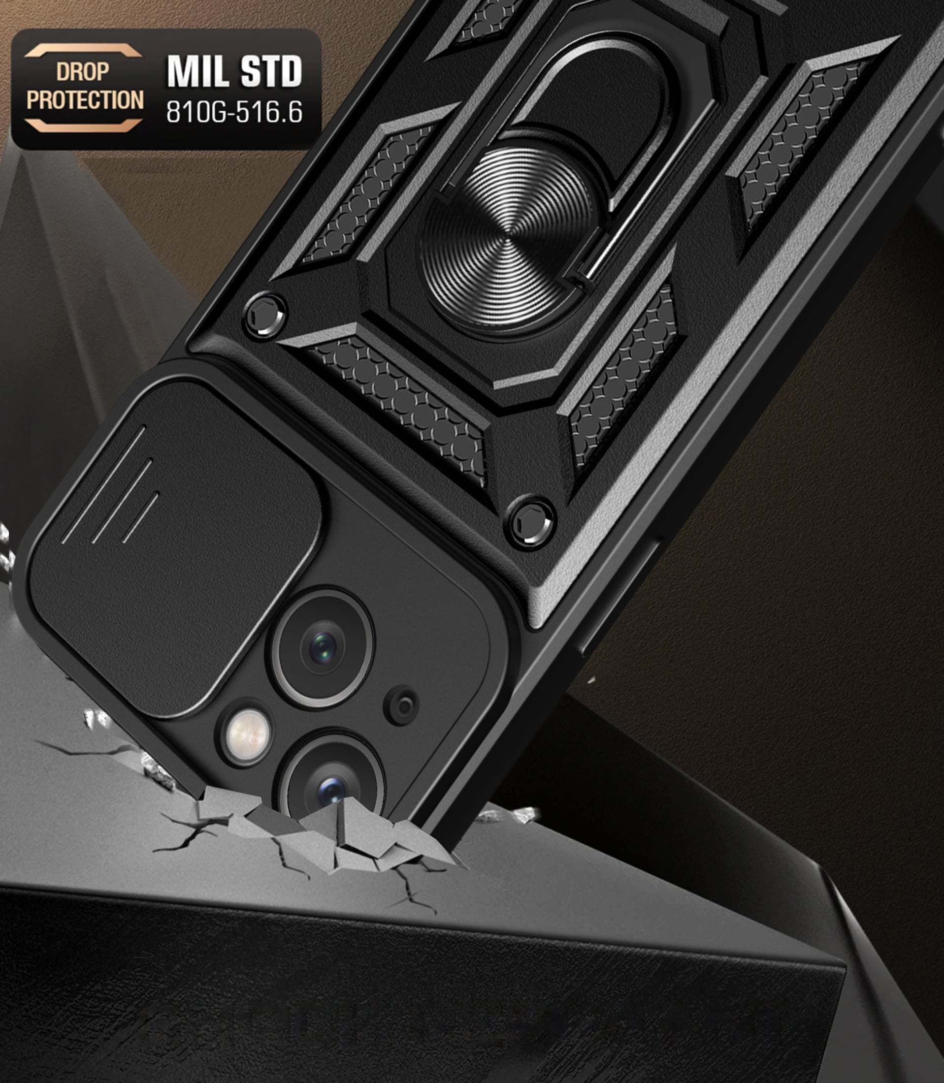 Hybrid Armor Camshield-etui med stativ og kameradeksel til iPhone 15 Plus - Svart