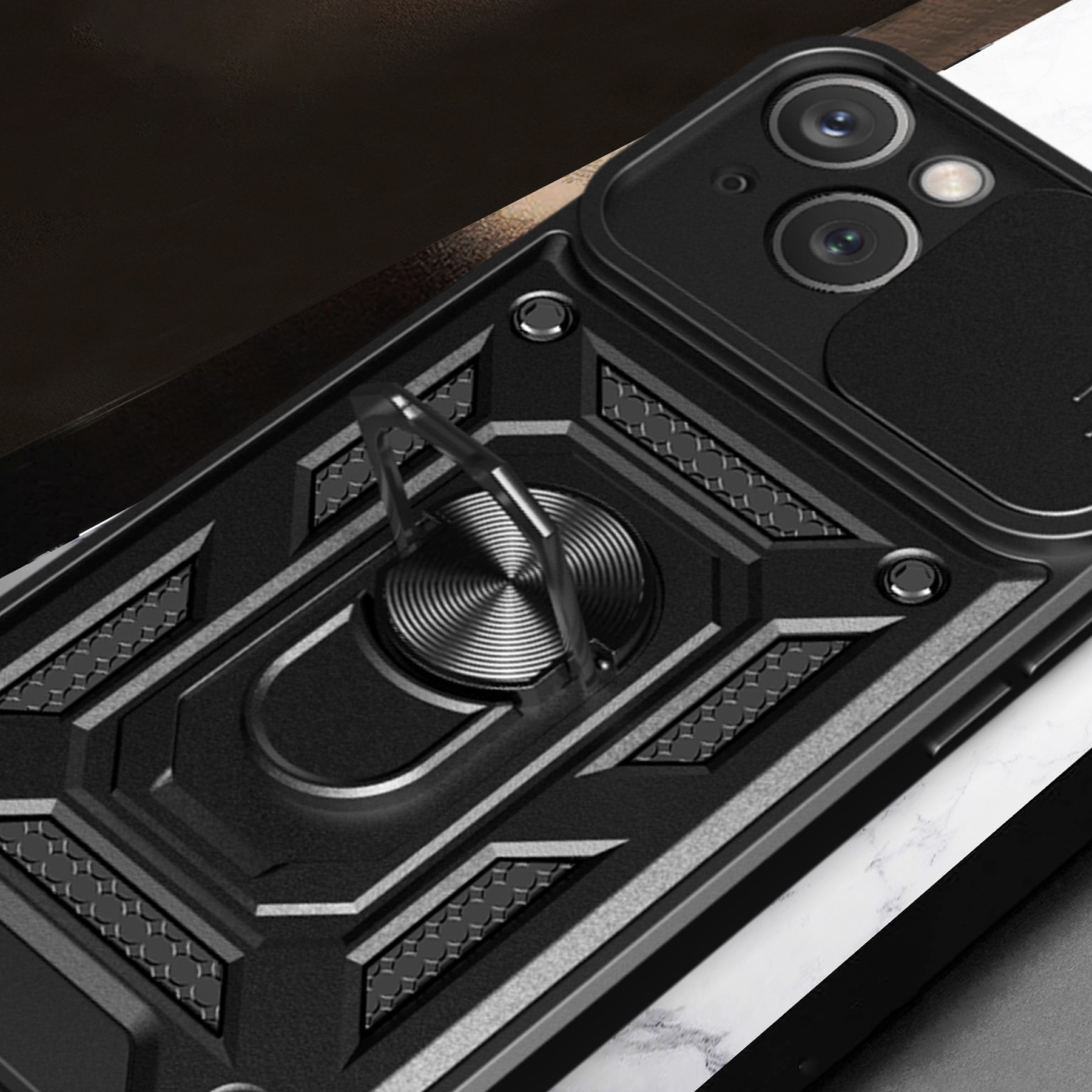 Hybrid Armor Camshield-etui med stativ og kameradeksel til iPhone 15 Plus - Svart
