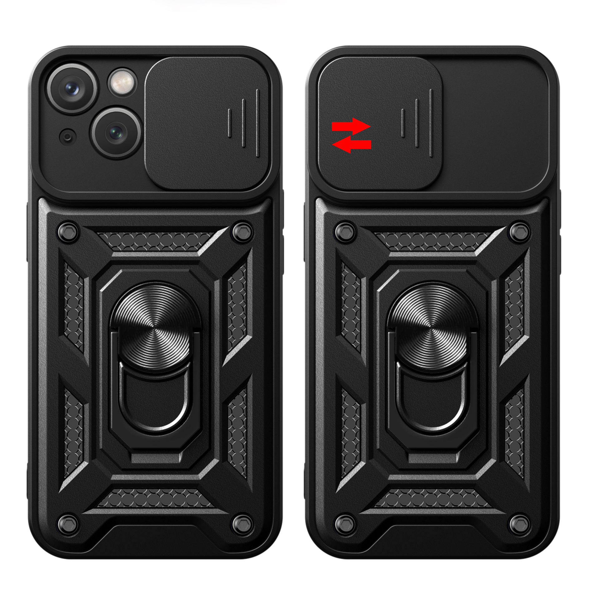 Hybrid Armor Camshield-etui med stativ og kameradeksel til iPhone 15 Plus - Svart