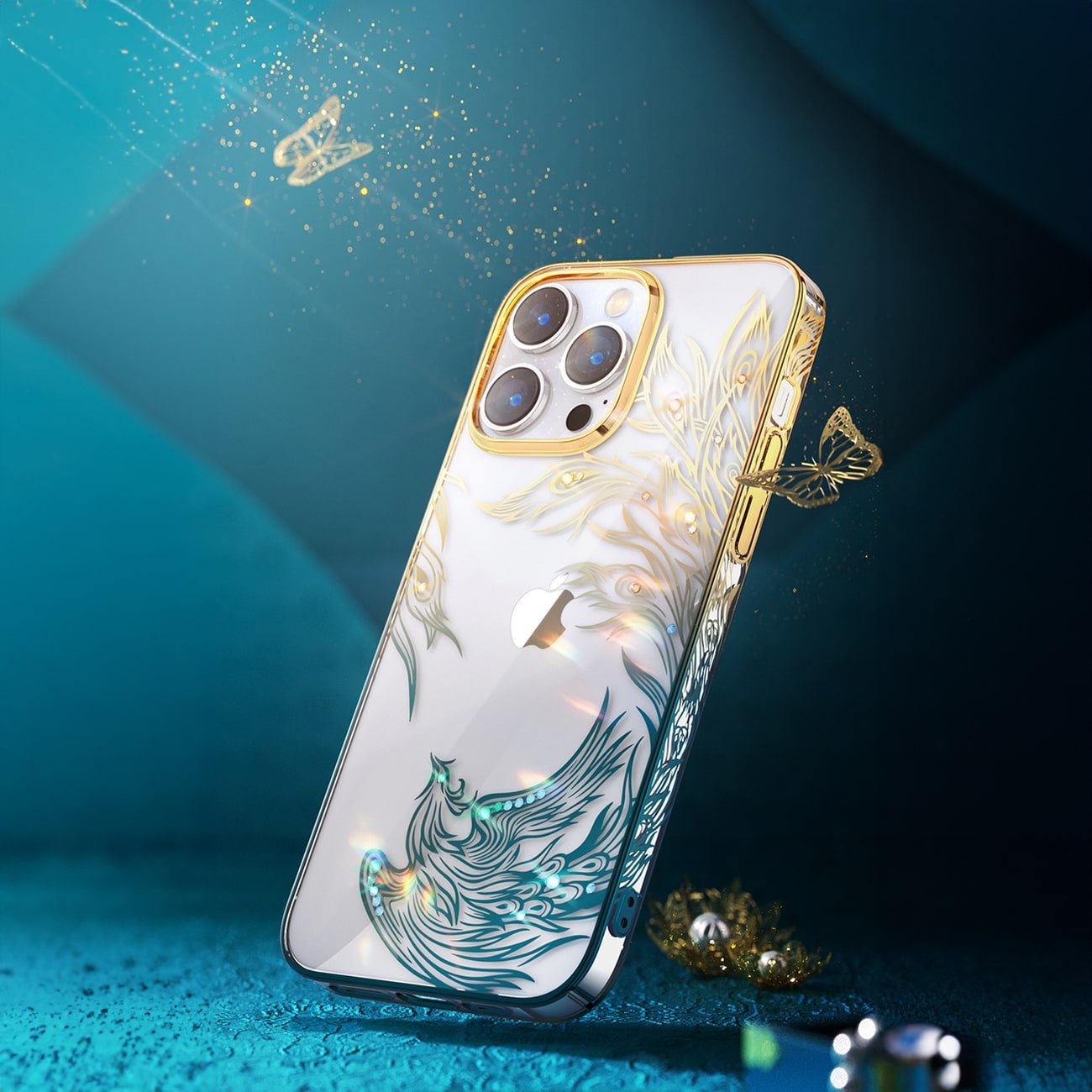 Luksus iPhone 14 Plus-etui med Kingxbar Phoenix-krystaller - gull og blå