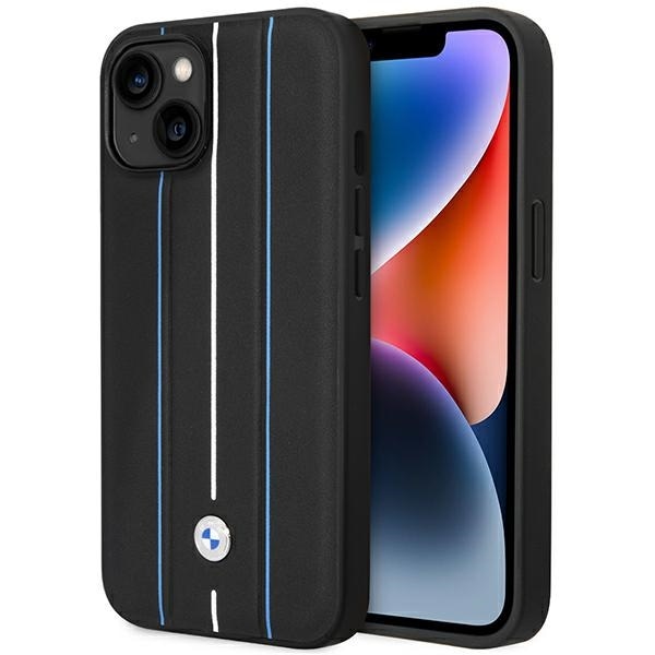 Etui BMW BMHCP14S22RVSK iPhone 14 6,1" svart/svart hardcase lærstempel blå linjer