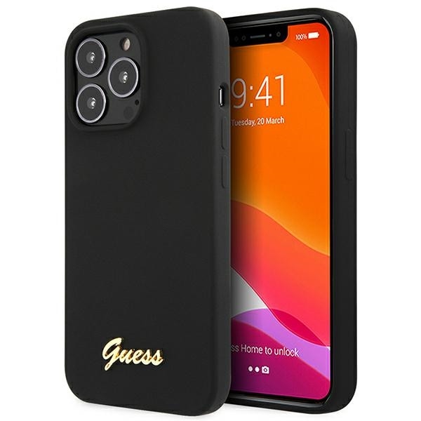 Guess GUHCP13XLSLMGBK iPhone 13 Pro Max 6,7" svart/svart hardcase med silikonskrift og gull-logo