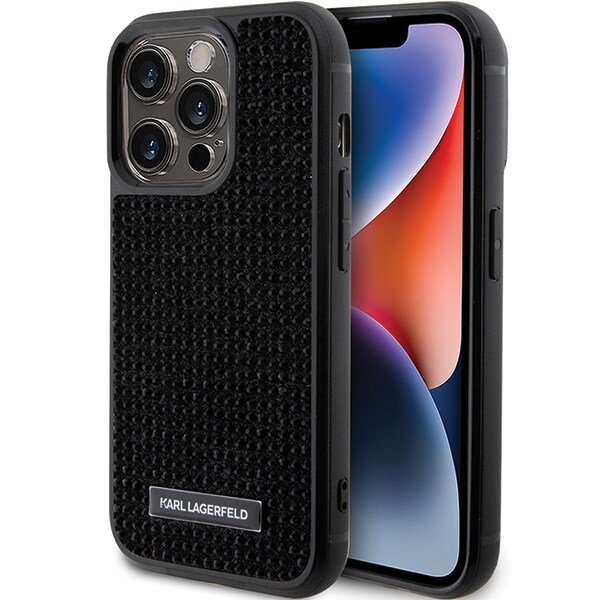 Karl Lagerfeld Rhinestone Logo Metal Plate-etui for iPhone 15 Pro Max - svart