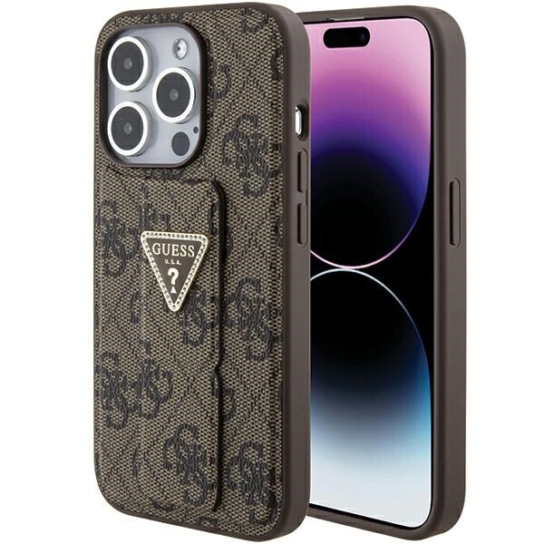 Guess Grip Stand 4G Triangle Strass-etui for iPhone 15 Pro Max - brun