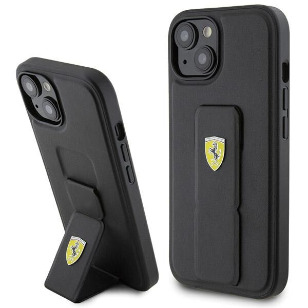 Ferrari Grip Stand Metal Logo etui for iPhone 15 - svart