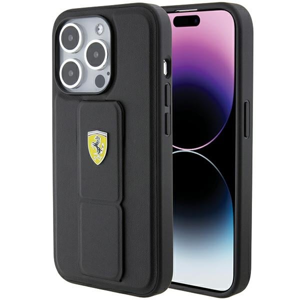 Ferrari Grip Stand Metal Logo etui for iPhone 15 Pro Max - svart