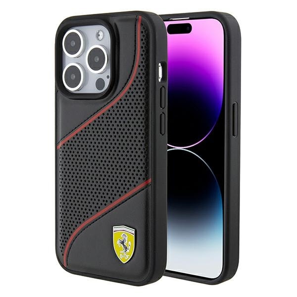 Ferrari Perforert Waves Metal Logo-etui for iPhone 15 Pro - svart