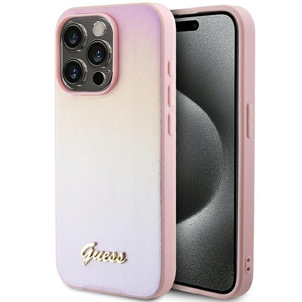 Guess Saffiano Iridescent Script-etui for iPhone 14 Pro - rosa