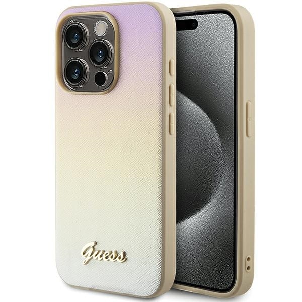 Guess Saffiano Iridescent Script-etui for iPhone 14 Pro Max - gull