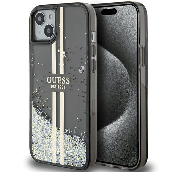 Guess Liquid Glitter Gold Stripes-etui for iPhone 15 Plus / 14 Plus - svart