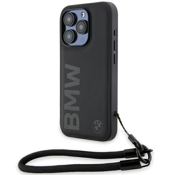 BMW Signature Leather Wordmark Cord-etui i lær for iPhone 15 Pro - svart