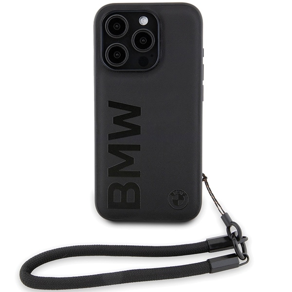 BMW Signature Leather Wordmark Cord-etui i lær for iPhone 15 Pro - svart