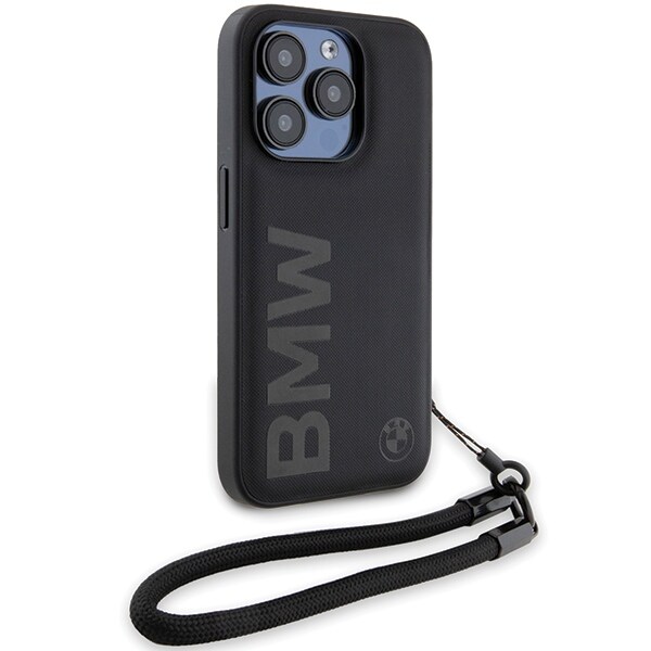 BMW Signature Leather Wordmark Cord-etui i lær for iPhone 15 Pro - svart