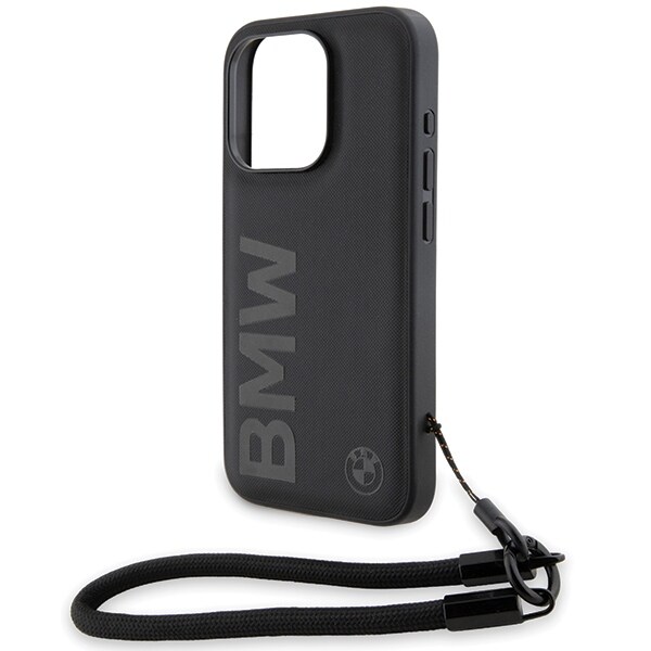 BMW Signature Leather Wordmark Cord-etui i lær for iPhone 15 Pro - svart