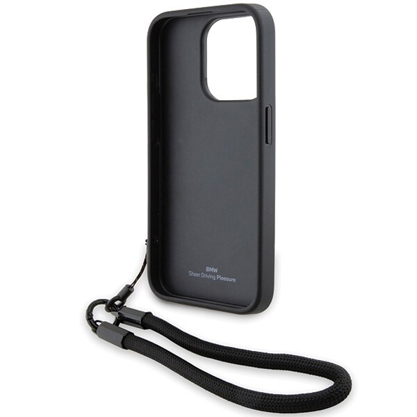 BMW Signature Leather Wordmark Cord-etui i lær for iPhone 15 Pro - svart