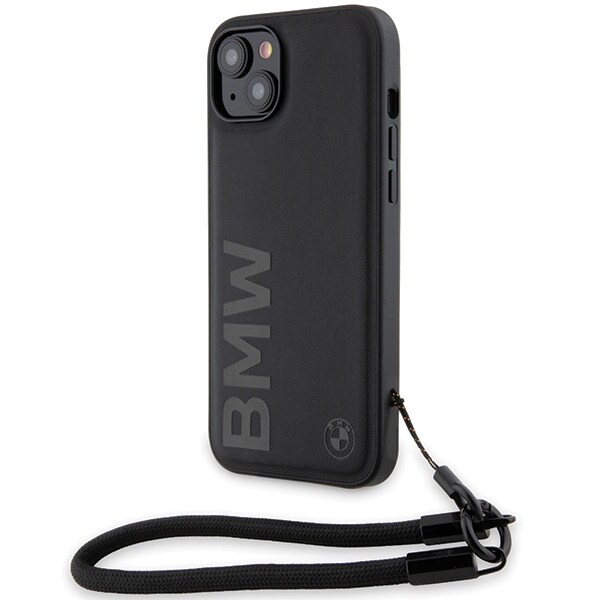 BMW Signature Leather Wordmark Cord-etui for iPhone 15 Plus / 14 Plus - svart