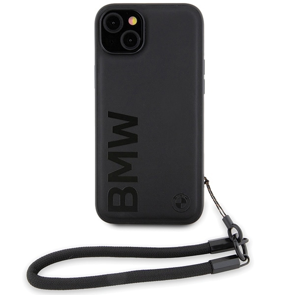BMW Signature Leather Wordmark Cord-etui for iPhone 15 Plus / 14 Plus - svart