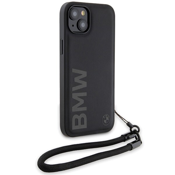 BMW Signature Leather Wordmark Cord-etui for iPhone 15 Plus / 14 Plus - svart