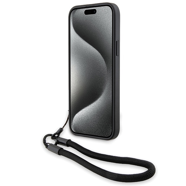 BMW Signature Leather Wordmark Cord-etui for iPhone 15 Plus / 14 Plus - svart