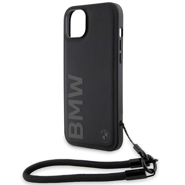 BMW Signature Leather Wordmark Cord-etui for iPhone 15 Plus / 14 Plus - svart