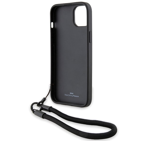 BMW Signature Leather Wordmark Cord-etui for iPhone 15 Plus / 14 Plus - svart