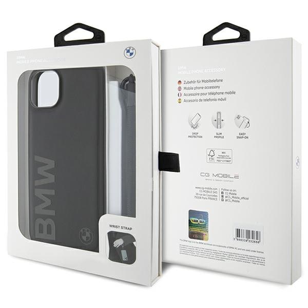 BMW Signature Leather Wordmark Cord-etui for iPhone 15 Plus / 14 Plus - svart