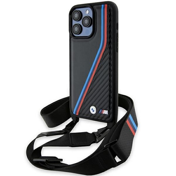 BMW M Edition Carbon Tricolor Lines & Strap-etui for iPhone 15 Pro Max - svart