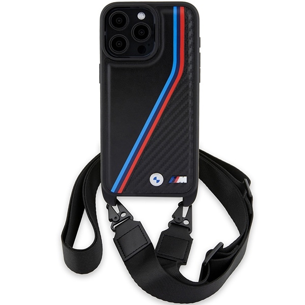 BMW M Edition Carbon Tricolor Lines & Strap-etui for iPhone 15 Pro Max - svart