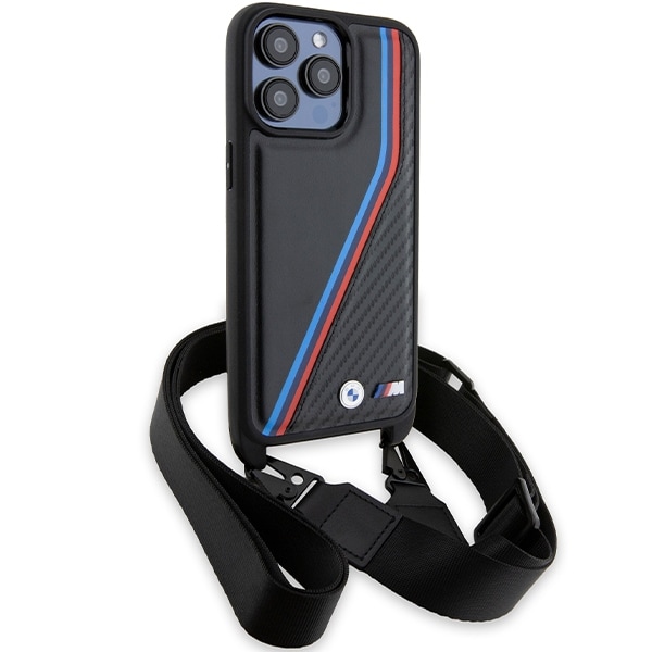 BMW M Edition Carbon Tricolor Lines & Strap-etui for iPhone 15 Pro Max - svart