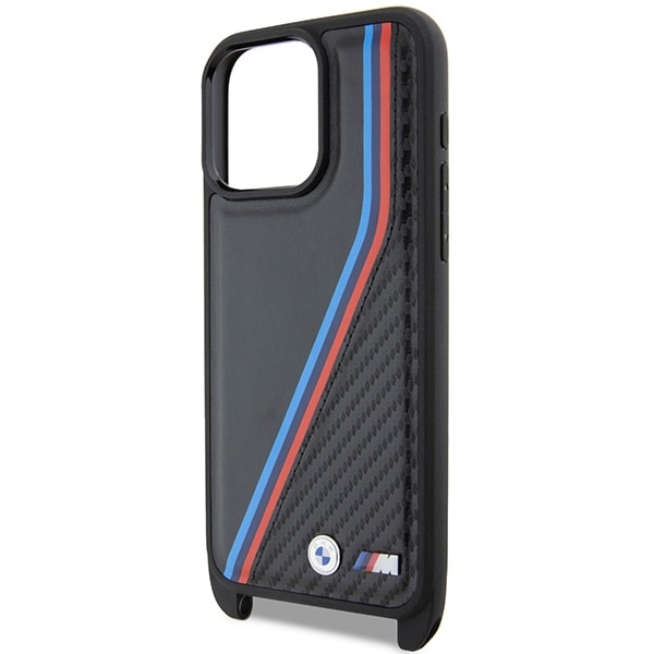 BMW M Edition Carbon Tricolor Lines & Strap-etui for iPhone 15 Pro Max - svart