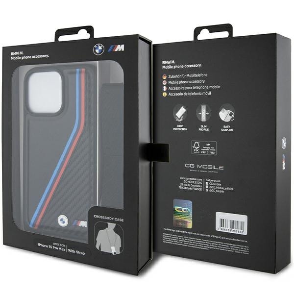 BMW M Edition Carbon Tricolor Lines & Strap-etui for iPhone 15 Pro Max - svart