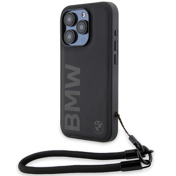 BMW Signature Leather Wordmark Cord-etui i lær for iPhone 15 Pro Max - svart