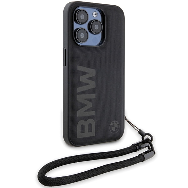 BMW Signature Leather Wordmark Cord-etui i lær for iPhone 15 Pro Max - svart