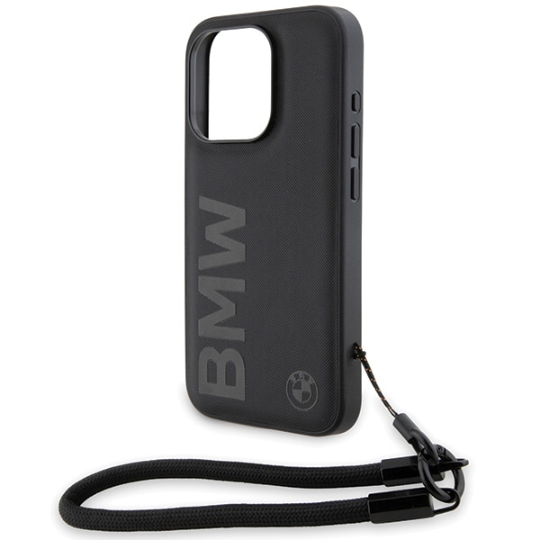 BMW Signature Leather Wordmark Cord-etui i lær for iPhone 15 Pro Max - svart