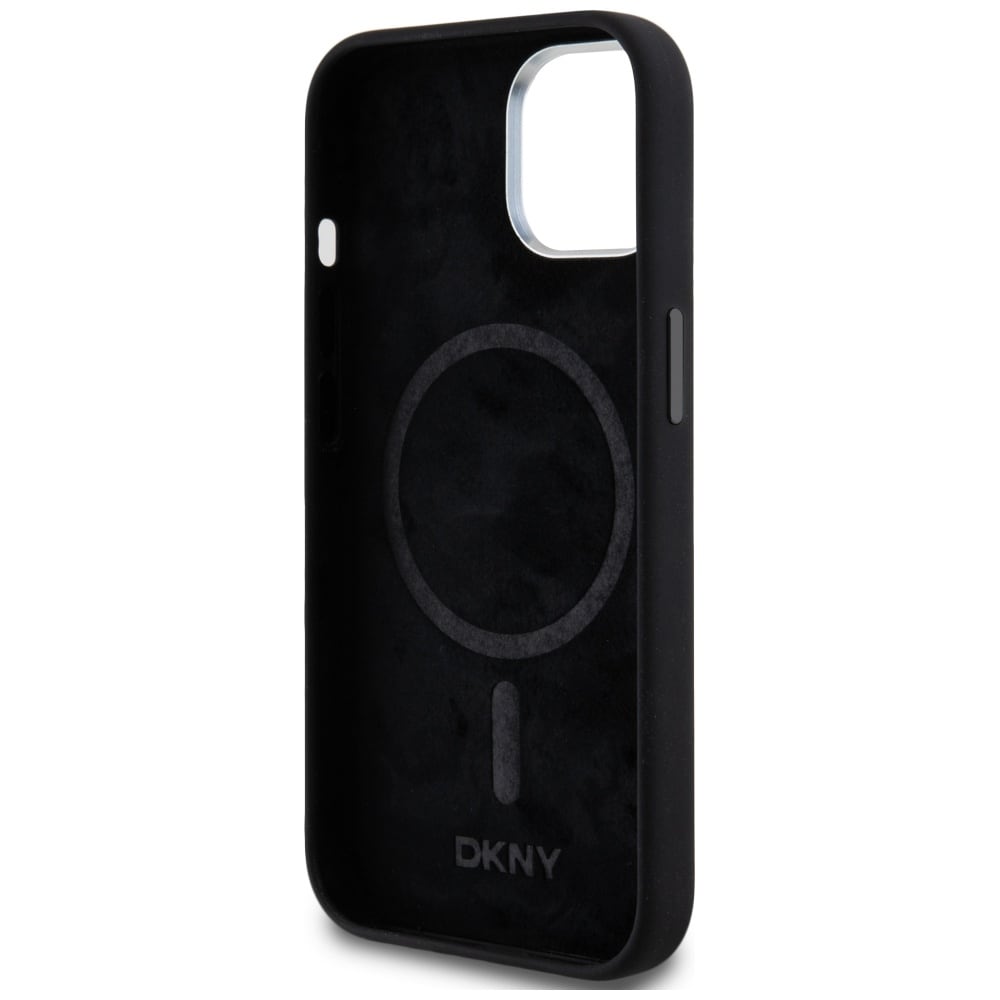 DKNY MagSafe-etui i flytende silikon med liten metallogo for iPhone 14/15/13 - Svart
