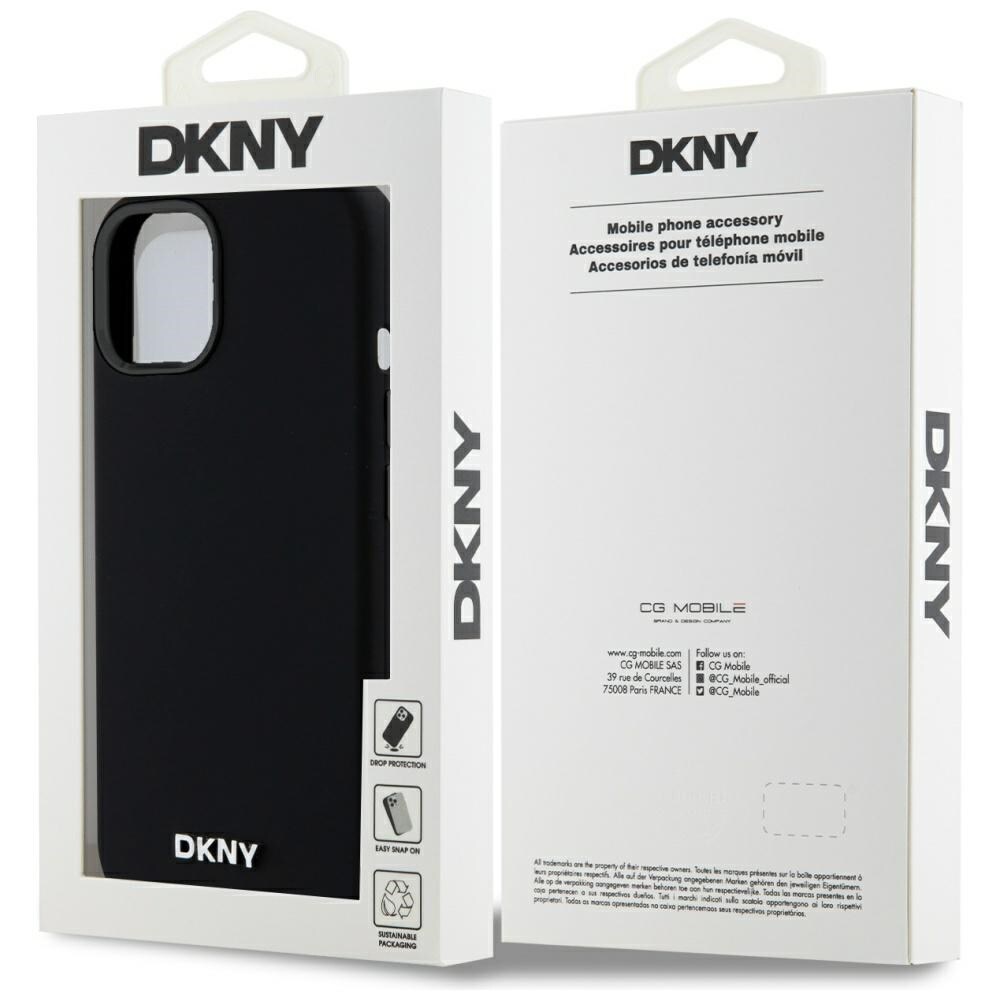 DKNY MagSafe-etui i flytende silikon med liten metallogo for iPhone 14/15/13 - Svart
