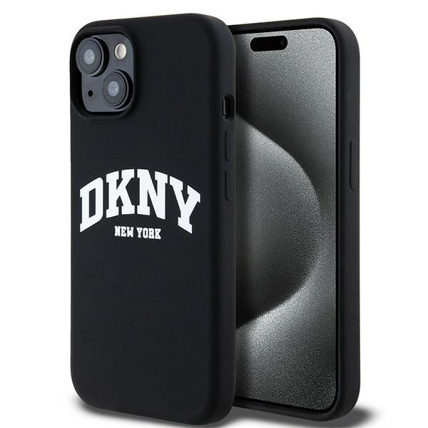 DKNY MagSafe-etui i flytende silikon med hvit trykt logo for iPhone 14/15/13 - Svart