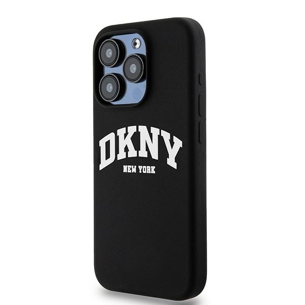DKNY MagSafe iPhone 15 Pro-etui i flytende silikon med hvit trykt logo - svart
