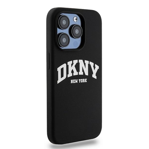 DKNY MagSafe iPhone 15 Pro-etui i flytende silikon med hvit trykt logo - svart