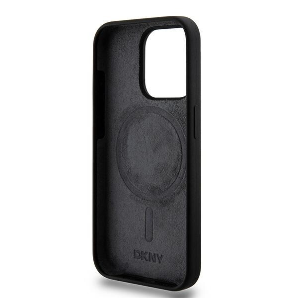 DKNY MagSafe iPhone 15 Pro-etui i flytende silikon med hvit trykt logo - svart
