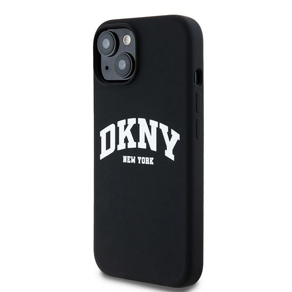 DKNY MagSafe-etui i flytende silikon med hvit trykt logo for iPhone 15 Plus / 14 Plus - Svart