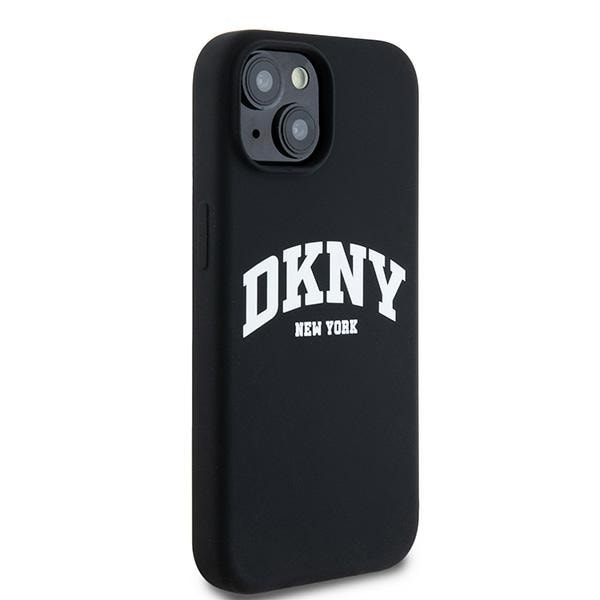 DKNY MagSafe-etui i flytende silikon med hvit trykt logo for iPhone 15 Plus / 14 Plus - Svart