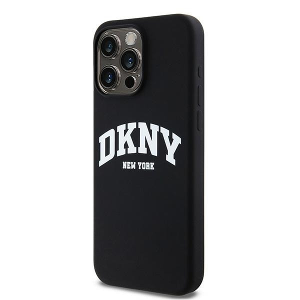 DKNY MagSafe-etui i flytende silikon med hvit trykt logo for iPhone 15 Pro Max - svart