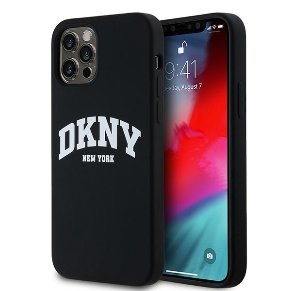 DKNY MagSafe-etui i flytende silikon med hvit trykt logo for iPhone 12/12 Pro - Svart