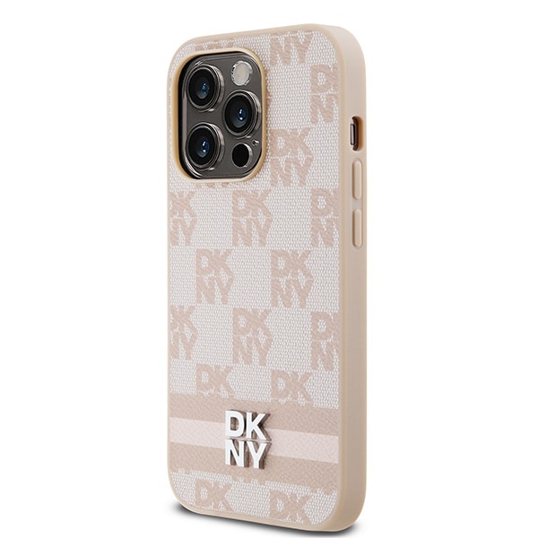 DKNY skinnveske med rutete ensfarget mønster og trykte striper til iPhone 14 Pro - rosa